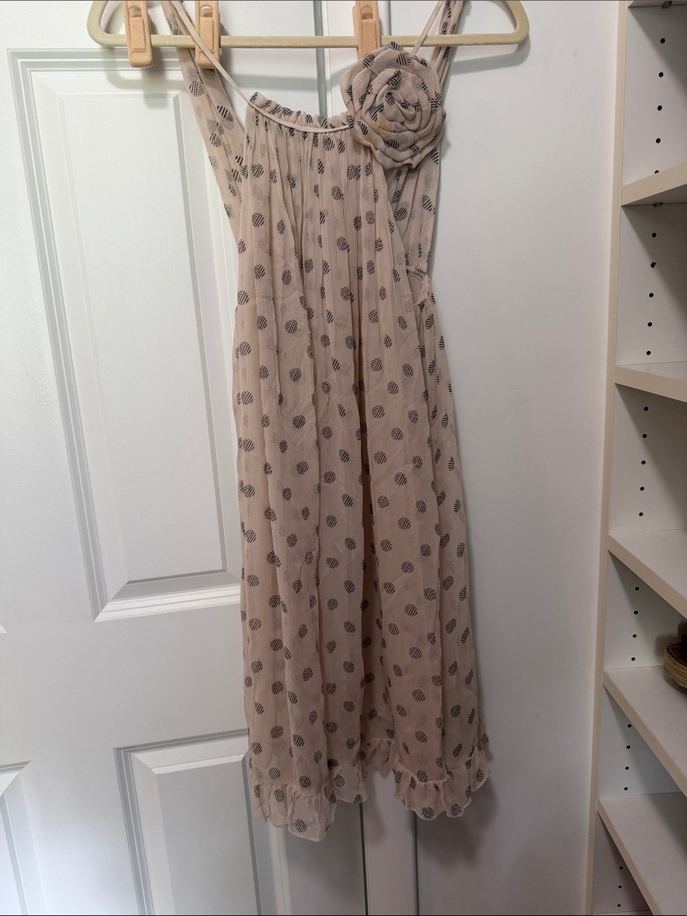 Moda International Beige Polka Dot Midi Dress with Rosette